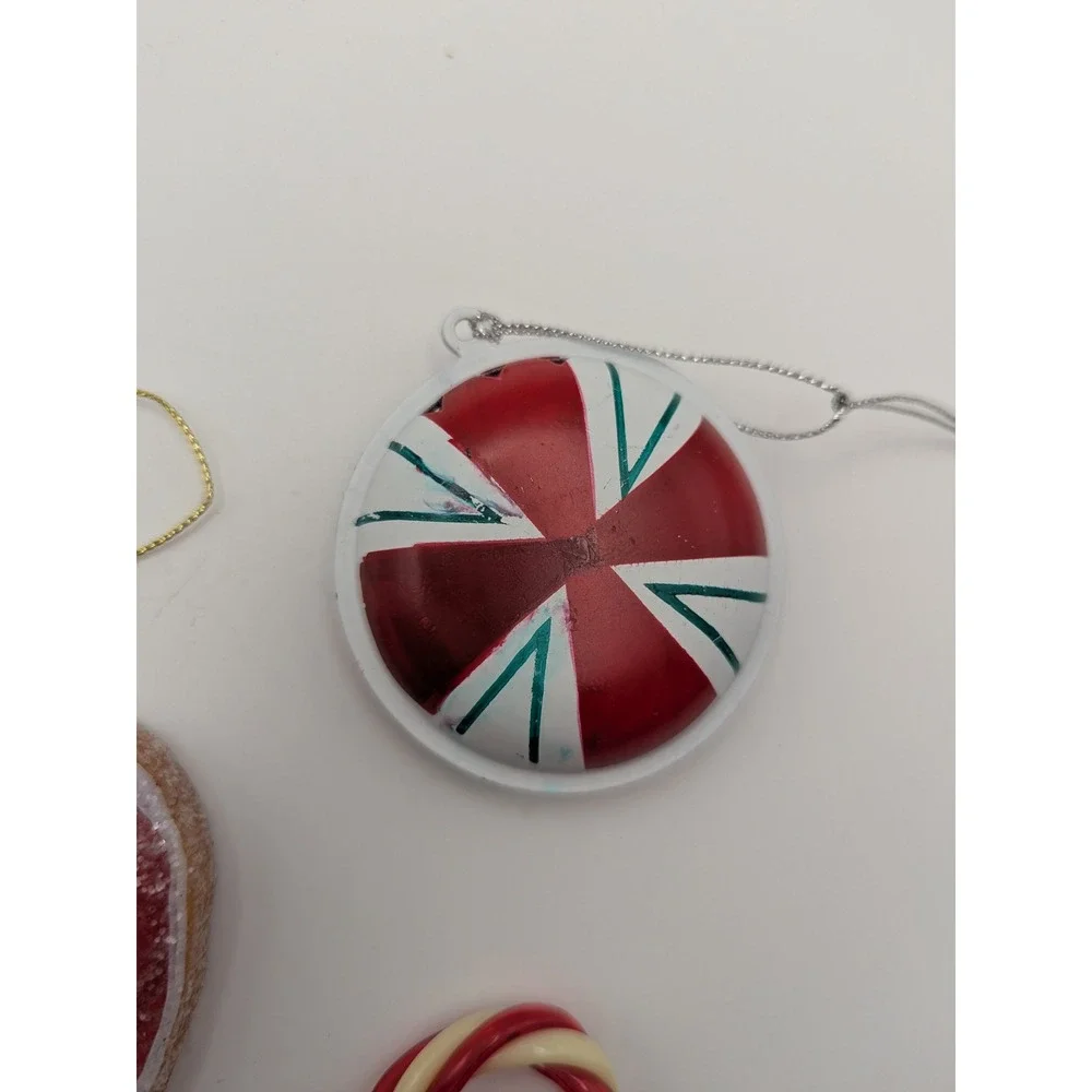 3 Vtg Christmas Ornaments Red White Green Heart Round Metal w/ Bells Candy‎ Cane
